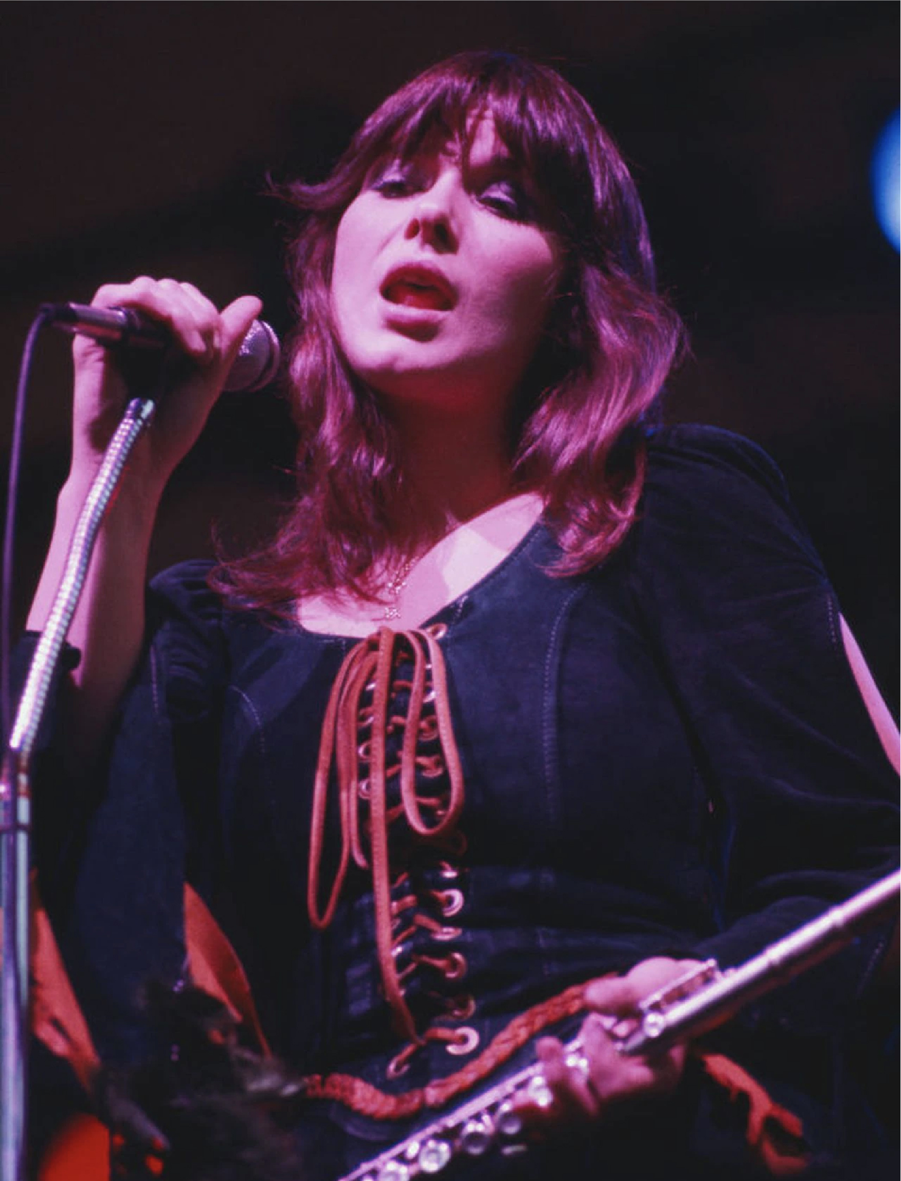 Ann Wilson singing on stage with a flute in her left hand