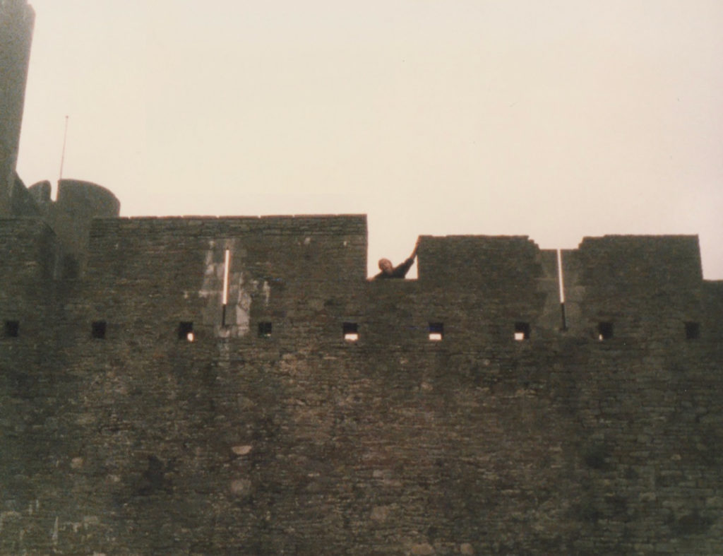 Photograph of Tom in the battlements of Caerphilly Castle, 1986